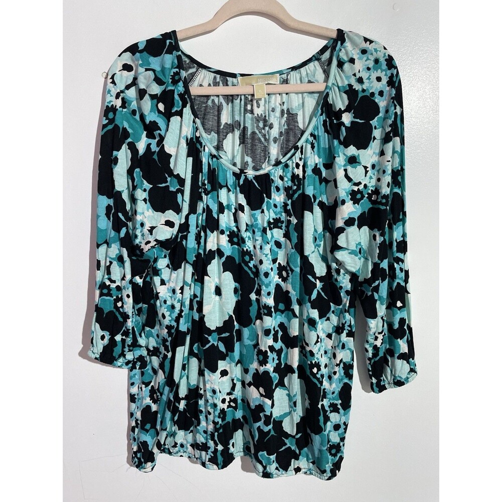 Michael Kors Blouse XL Blue Floral Tropical Vacation Office Classic‎ Stretch